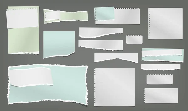 Ensemble de notes blanches et colorées déchirées, de bandes de papier pour carnet et de morceaux collés sur fond gris foncé. Illustration vectorielle — Image vectorielle