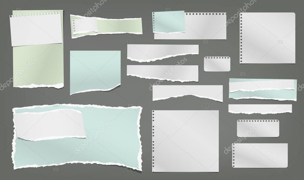 Set of torn white and colorful note, notebook paper strips and pieces stuck on dark grey background. Vector illustration