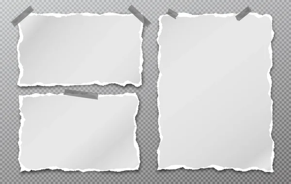 Blanco roto en blanco y nota granulada, tiras de papel de cuaderno, piezas pegadas sobre fondo gris. Ilustración vectorial — Vector de stock