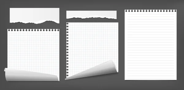 Set van gescheurde witte notities, notitieblok papieren strips, stukjes, vellen met gekrulde hoeken en zachte schaduw geplakt op zwarte achtergrond. Vectorillustratie — Stockvector