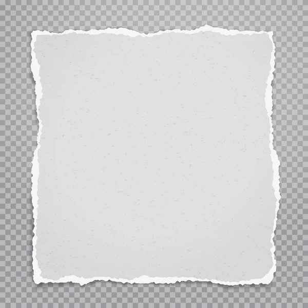 Torn, ripped piece of white grainy paper with soft shadow is on grey squared background for text. Vector illustration — Stock Vector