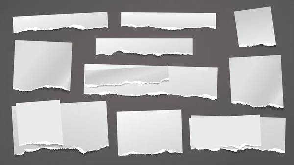 Nota granulada blanca desgarrada, tiras de papel de cuaderno, piezas pegadas sobre fondo cuadrado gris. Ilustración vectorial — Vector de stock