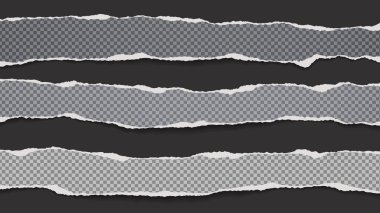 Torn, ripped pieces of squared, grey paper with soft shadow are on black background for text. Vector illustration