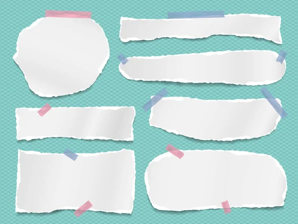 Déchiré de note blanche, bandes de papier pour carnet, morceaux collés avec du ruban adhésif sur fond turquoise. Illustration vectorielle — Image vectorielle