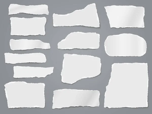 Yırtık beyaz not, defter kağıdı şeritleri, koyu gri arka planda kalan parçalar. Vektör illüstrasyonu — Stok Vektör