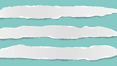 Yumuşak gölgeli yırtık beyaz kağıt parçaları metin için turkuaz arka planda. Vektör illüstrasyonu