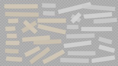 Beyaz ve bej farklı boyutlarda yapıştırıcı, yapışkan, maskeleme, bant, kağıt parçaları koyu gri arkaplanda.