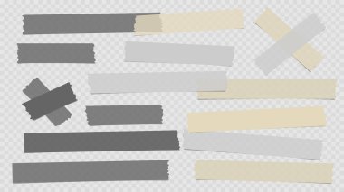 Sarı ve gri farklı boyutlarda yapıştırıcı, yapışkan, maskeleme bandı, kağıt parçaları beyaz kare arka planda.