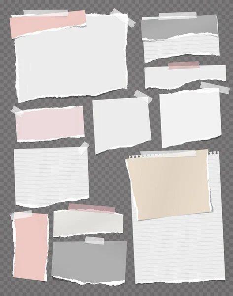 Rasgado de blanco, nota rosa, tiras de papel de cuaderno, piezas pegadas con cinta adhesiva sobre fondo cuadrado negro. Ilustración vectorial — Vector de stock