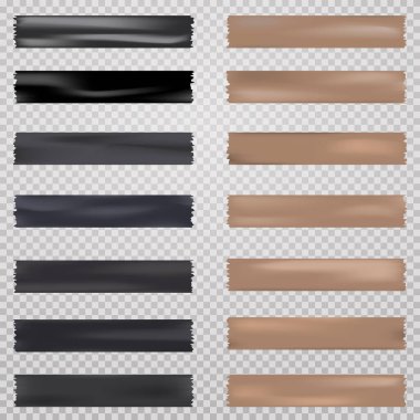 Siyah, kahverengi farklı boyutlarda yapıştırıcı, yapışkan, maskeleme bandı, kağıt parçaları gri kare arka planda.