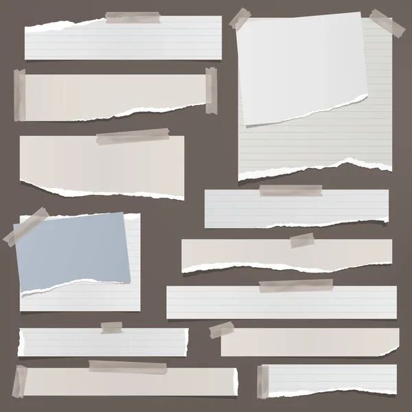 Rasgado de blanco, nota azul, tiras de papel de cuaderno, piezas pegadas con cinta adhesiva sobre fondo marrón. Ilustración vectorial — Vector de stock
