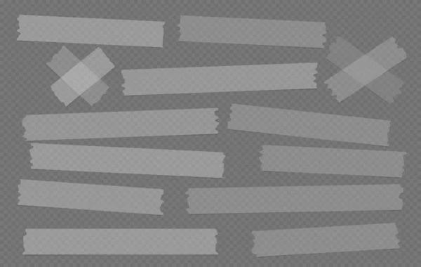 Graue und weiße Klebstoffe unterschiedlicher Größe, klebrig, Klebeband, Papierstücke auf dunklem, kariertem Hintergrund — Stockvektor