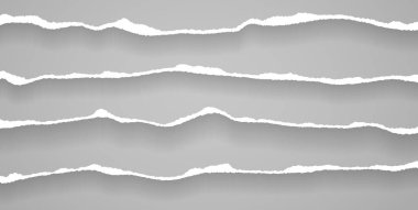 Yırtık, yırtık, yumuşak gölgeli beyaz kağıt parçaları gri kare arka planda yazılı. Vektör illüstrasyonu