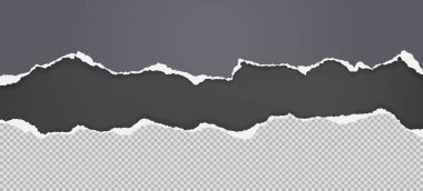 Siyah arka planda yumuşak gölgesi olan yırtık gri ve kare kağıt parçaları. Vektör illüstrasyonu