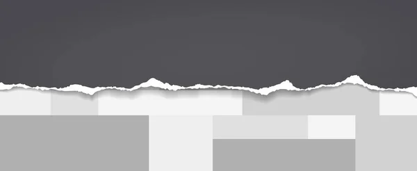 Biten av sönderrivet svart horisontellt papper med mjuk skugga fastnat på vit, grå avlång geometrisk bakgrund. Vektorillustration — Stock vektor