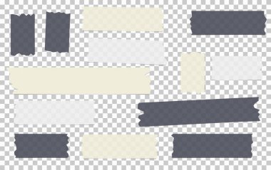 Siyah, beyaz, farklı boyutlarda yapıştırıcı, yapışkan, maskeleme, koli bandı, kağıt parçaları gri kare arka planda.