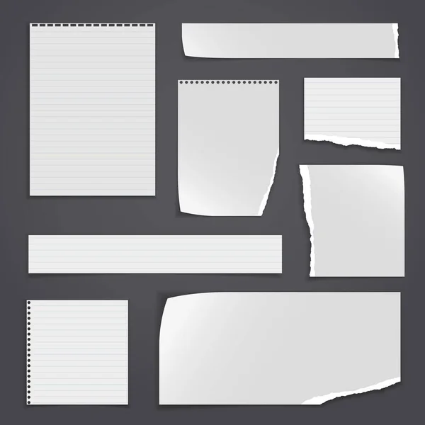 Torn, ripped pieces of note, notebook white paper pieces with soft shadow are on black background for text. Vector illustration — Stock Vector
