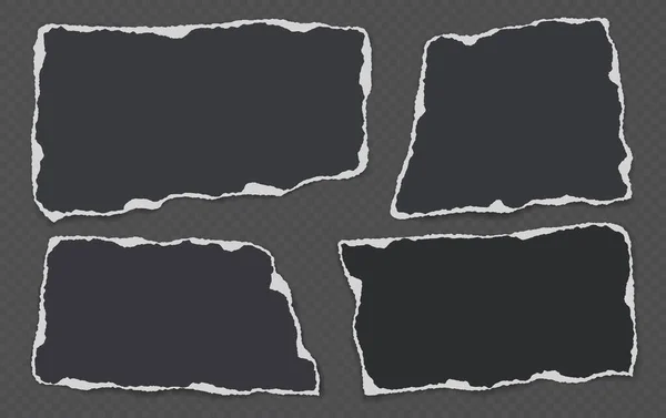 Torn of black note, notebook paper strips, piece with soft shadow stuck on dark grey background. Ilustración vectorial — Vector de stock
