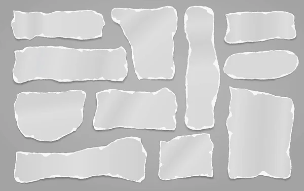 Zerrissene weiße Notizen, Heftpapierstreifen, mit Klebeband auf grauem Hintergrund beklebte Stücke. Vektorillustration — Stockvektor