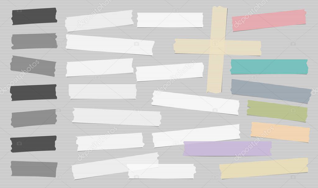 White, grey and colorful different size adhesive, sticky, masking, duct tape, paper pieces are on white background