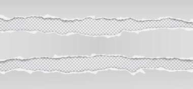 Yırtık, yırtık beyaz kağıt parçaları yumuşak gölgeli metinler için kare gri arkaplanda. Vektör illüstrasyonu