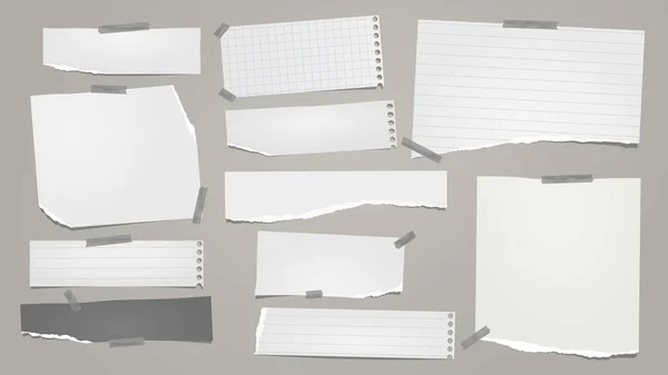 Déchiré de note blanche, bandes de papier pour ordinateur portable, morceaux collés avec du ruban adhésif sur fond gris. Illustration vectorielle — Image vectorielle