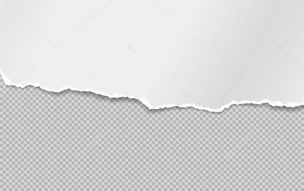 Torn, ripped piece of horizontal white paper with soft shadow is on dark grey background for text. Vector illustration