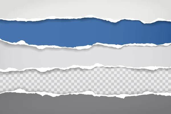 一片被撕破的蓝白相间的纸片，阴影柔和地贴在白色正方形的背景上。矢量说明 — 图库矢量图片