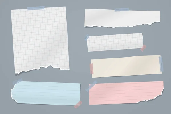 Rasgado de nota colorida, tiras de papel notebook, peças presas com fita adesiva no fundo cinza. Ilustração vetorial — Vetor de Stock
