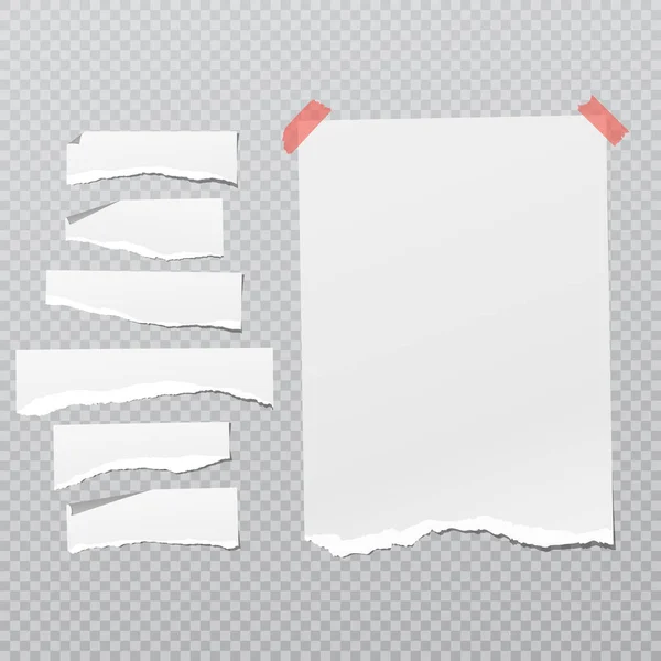 Set of torn white note, notebook paper strips and pieces with curled corners stuck on grey squared background. Vector illustration — Stock Vector