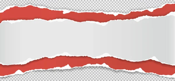 Pedaços rasgados e rasgados de papel branco e vermelho horizontal com sombra suave estão no fundo cinza quadrado para texto. Ilustração vetorial — Vetor de Stock