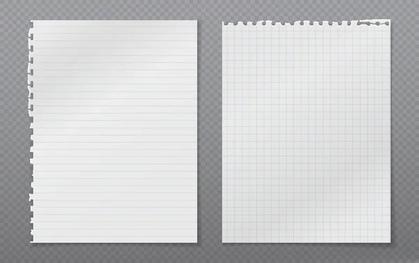 Rasgado de branco, forrado e quadrado nota, papel notebook com sombra macia preso no fundo cinza. Ilustração vetorial —  Vetores de Stock