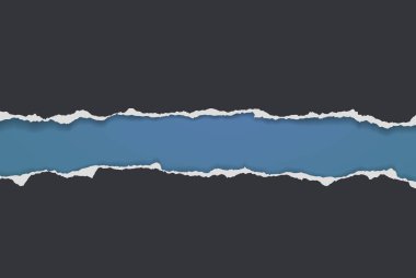 Yumuşak gölgeli yırtık, yırtık siyah kağıt parçaları metin için mavi arkaplanda. Vektör illüstrasyonu