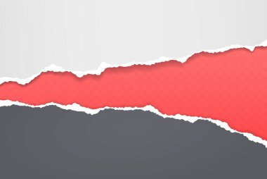 Yırtık, yırtık beyaz ve siyah kağıt parçaları yumuşak gölgeli kırmızı kare arka planda yazılı. Vektör illüstrasyonu