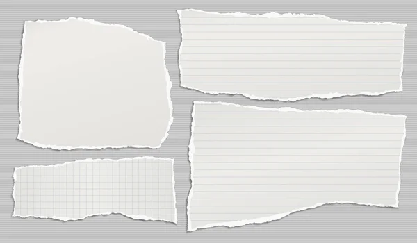 Rasgado de blanco forrado, nota matemática, tiras de papel de cuaderno, piezas pegadas sobre fondo forrado gris. Ilustración vectorial — Vector de stock