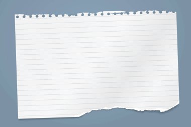 Beyaz, yatay ve çizgili kağıt parçasından yırtılmış, mavi arka planda takılı kalmış. Vektör illüstrasyonu