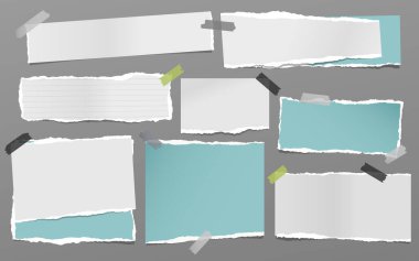 Yırtık beyaz ve mavi notlar, not defteri şeritleri ve koyu gri arka planda yapışkan bantlarla yapıştırılmış parçalar. Vektör illüstrasyonu