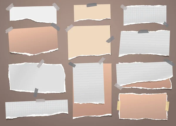 Roztrhaný bílý a hnědý tón, papírové proužky a kousky papíru přilepené lepicí páskou na tmavohnědém pozadí. Vektorová ilustrace — Stockový vektor