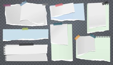 Yırtık beyaz ve renkli notlar, not defteri şeritleri ve koyu kare arka planda yapışkan bantlarla yapıştırılmış parçalar. Vektör illüstrasyonu
