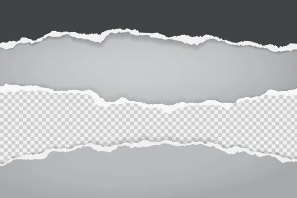 Zerrissene, zerrissene Stücke horizontal schwarz-weiß karierten Papiers mit sanftem Schatten stehen auf grauem Hintergrund für Text. Vektorillustration — Stockvektor