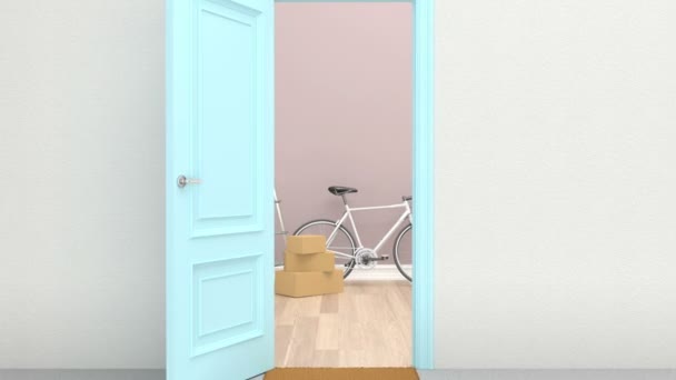 Casa móvil con caja, bicicleta y escalera — Vídeo de stock