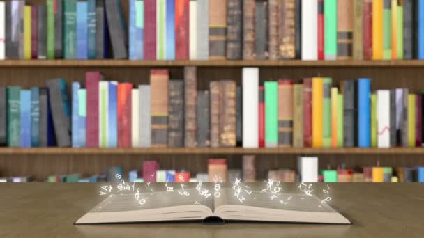 Glowing alphabet letters coming out of an book on library — Stock Video