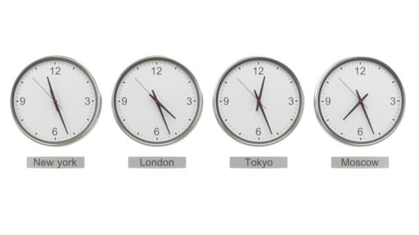 Zeitzonenuhren zeigen unterschiedliche Zeitzonen an — Stockvideo