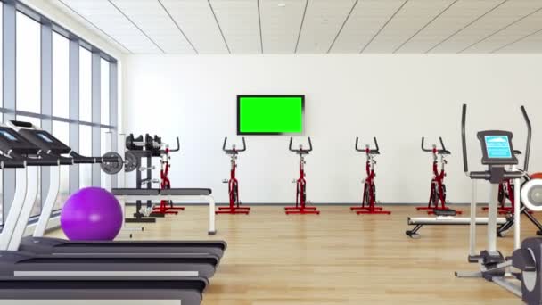 Τηλεόραση με οθόνη πράσινο κομμάτι σε σύγχρονο γυμναστήριο — Αρχείο Βίντεο