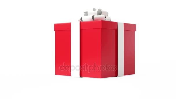 Красная подарочная коробка с анимацией на белой ленте — стоковое видео