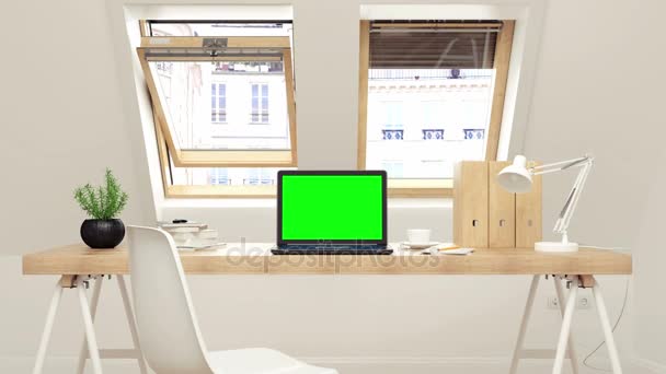 Ordinateur portable avec écran vert sur le bureau — Video