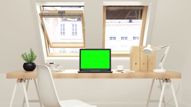 Laptop Met Track Groen Scherm Bureau — Stockvideo