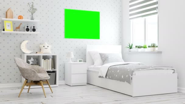 画框上有绿屏的青少年居室室内模拟框架 — 图库视频影像