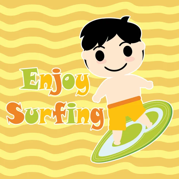 Netter Junge mit Surfbrett-Vektor-Karikatur, Sommer-Postkarte, Tapete und Grußkarte — Stockvektor