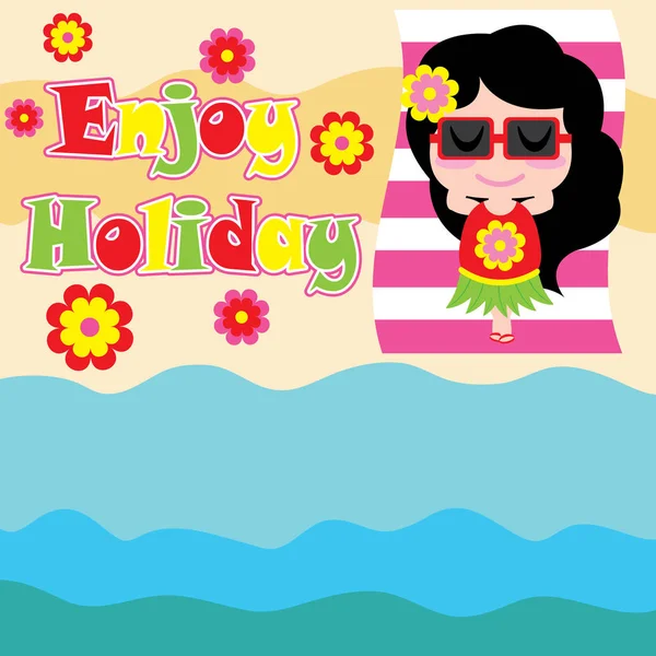 Linda chica está acostada en la playa vector de dibujos animados, postal de verano, papel pintado, y tarjeta de felicitación — Vector de stock